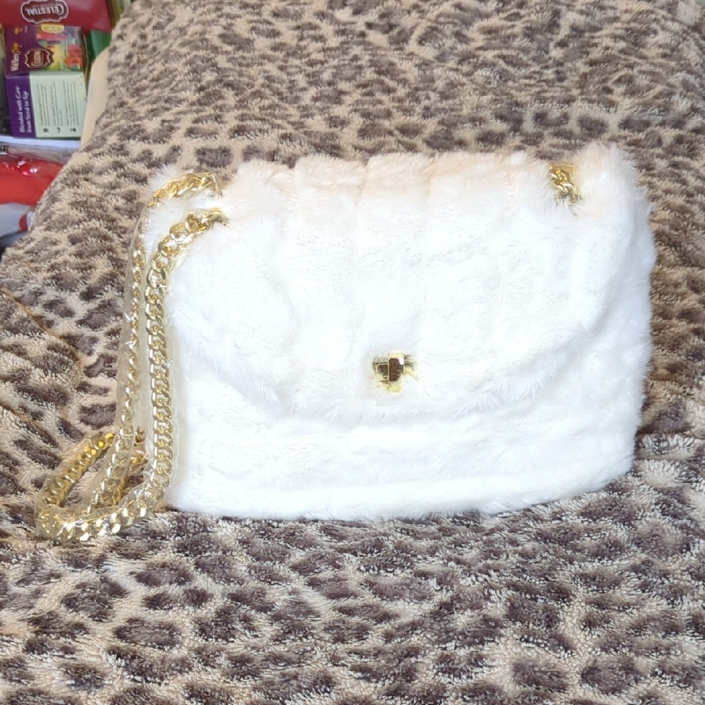 Elegant White Faux Fur Bag with Gold Chain